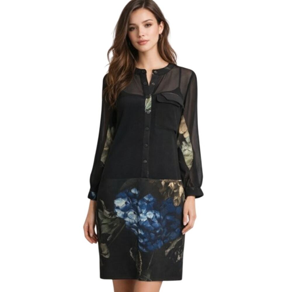 NU Denmark Dress Womens XS Black Blue Floral Sheer Button Romantic Goth Boho NEW